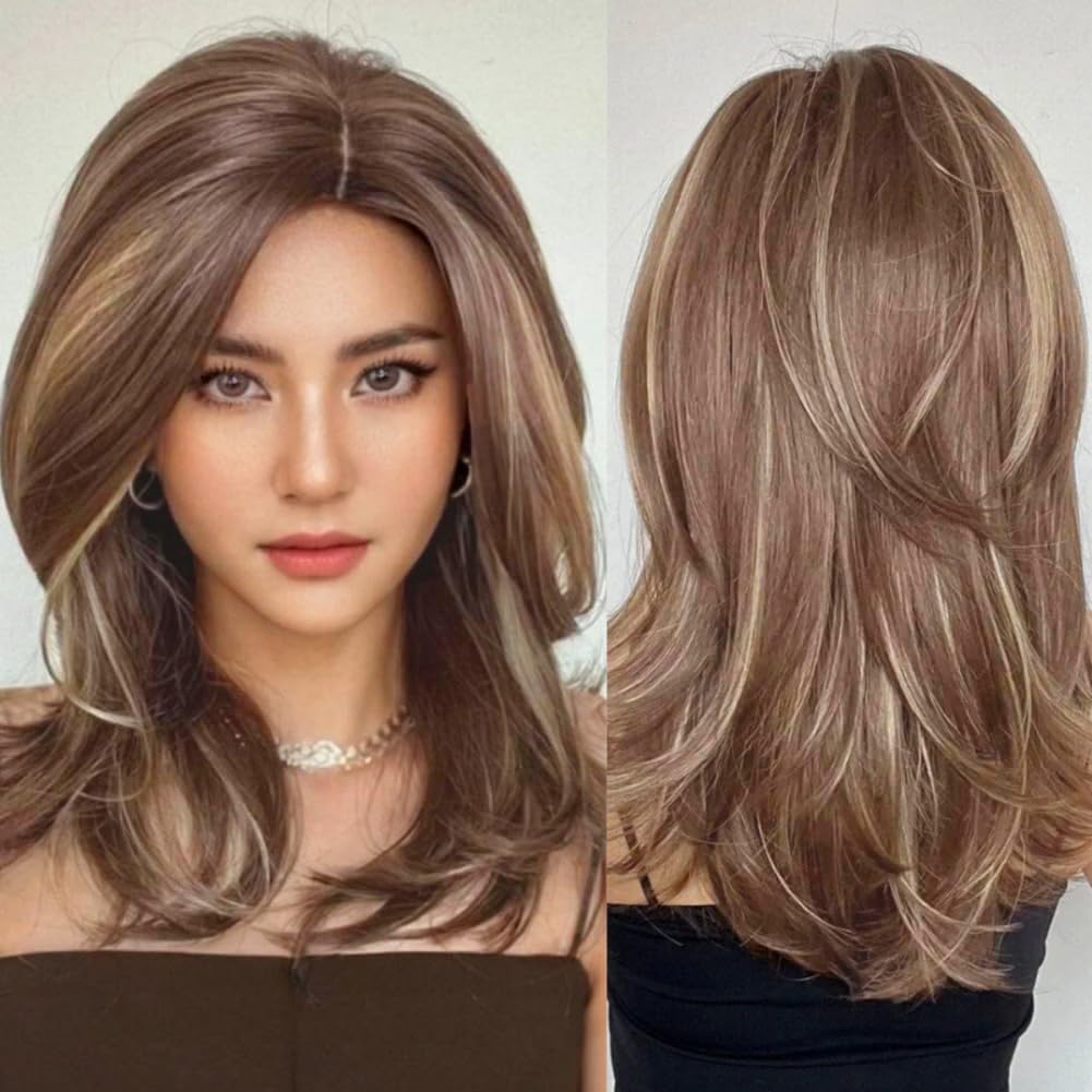 Salaibs Brown Shoulder Length Wig for Women Mix Blonde Synthetic Hair Wig Natural Looking Heat Resistant Fiber Wig for Daily Party Use