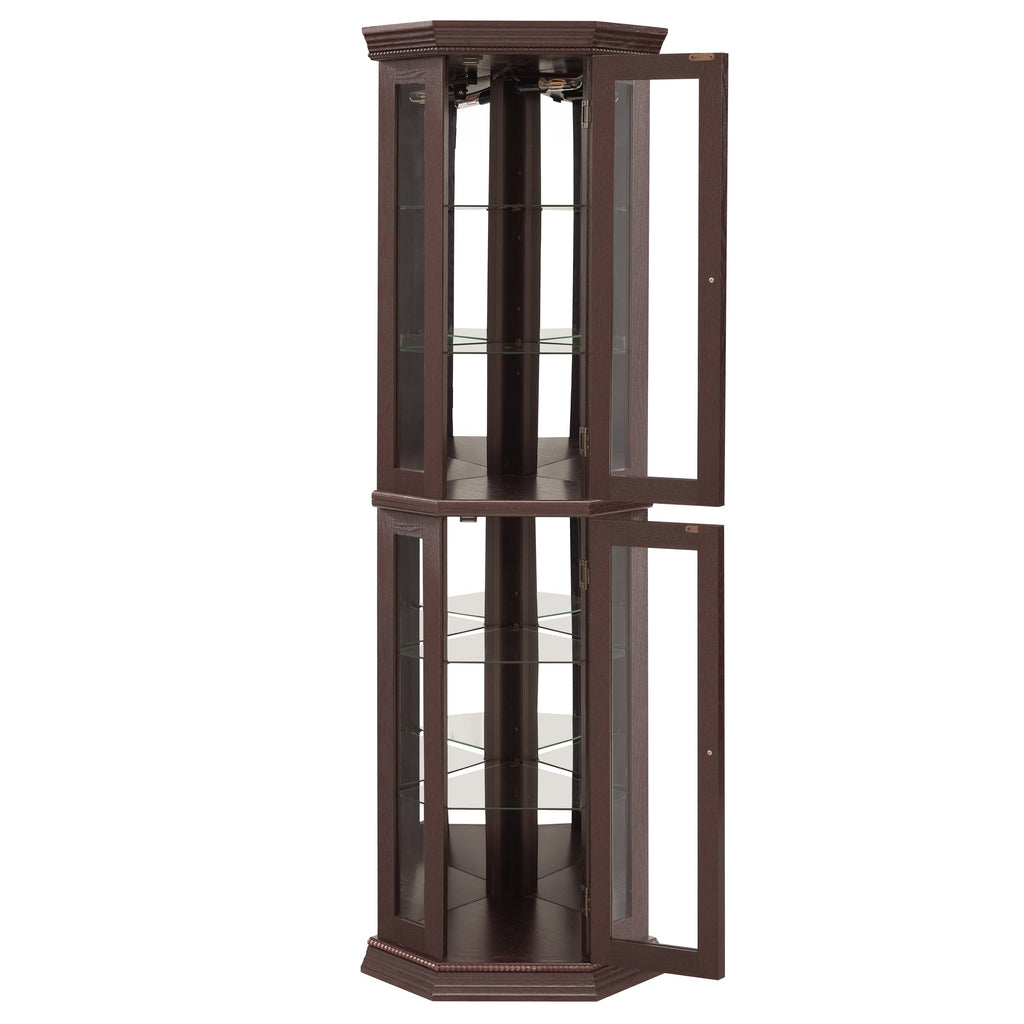 Lighted Corner Curio Cabinet - Glass Display Shelf with Tempered Glass Doors, Adjustable Shelving, and Included Bead Bulb - Ideal Bar Cabinet for Home Decor- DARK CHERRY