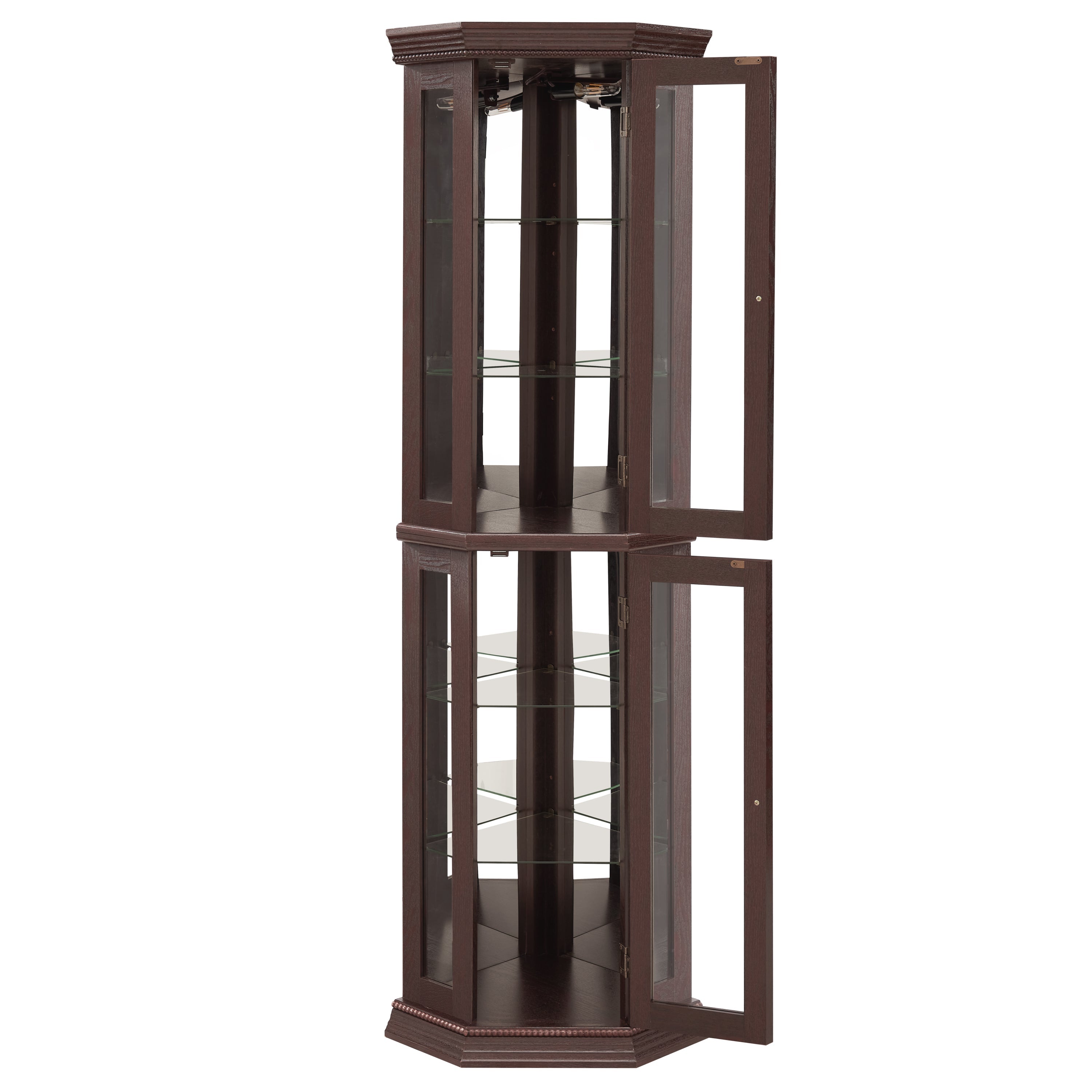 Lighted Corner Curio Cabinet - Glass Display Shelf with Tempered Glass Doors, Adjustable Shelving, and Included Bead Bulb - Ideal Bar Cabinet for Home Decor- DARK CHERRY