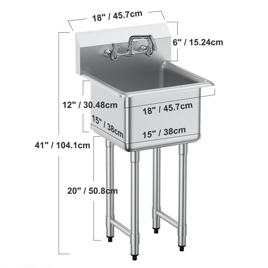 Stainless Steel Prep & Utility Sink, 1 Compartment Free Standing Small Sink Include Faucet & legs, 18'x41' Commercial Single Bowl Sinks for Garage, Restaurant, Kitchen, Laundry