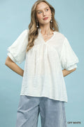 Umgee Textured Lace Trim V-Neck Boho Blouse