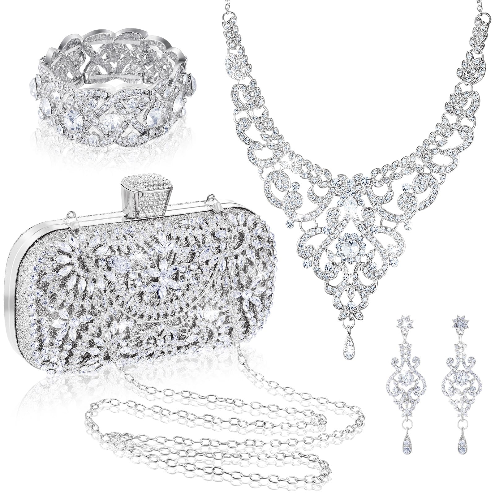 Quelay 4 Pcs Purse Rhinestone Jewelry Set Evening Clutch Bag Bling Crystal Necklace Dangle Earrings Bracelets Accessories(SilverVintage Style)