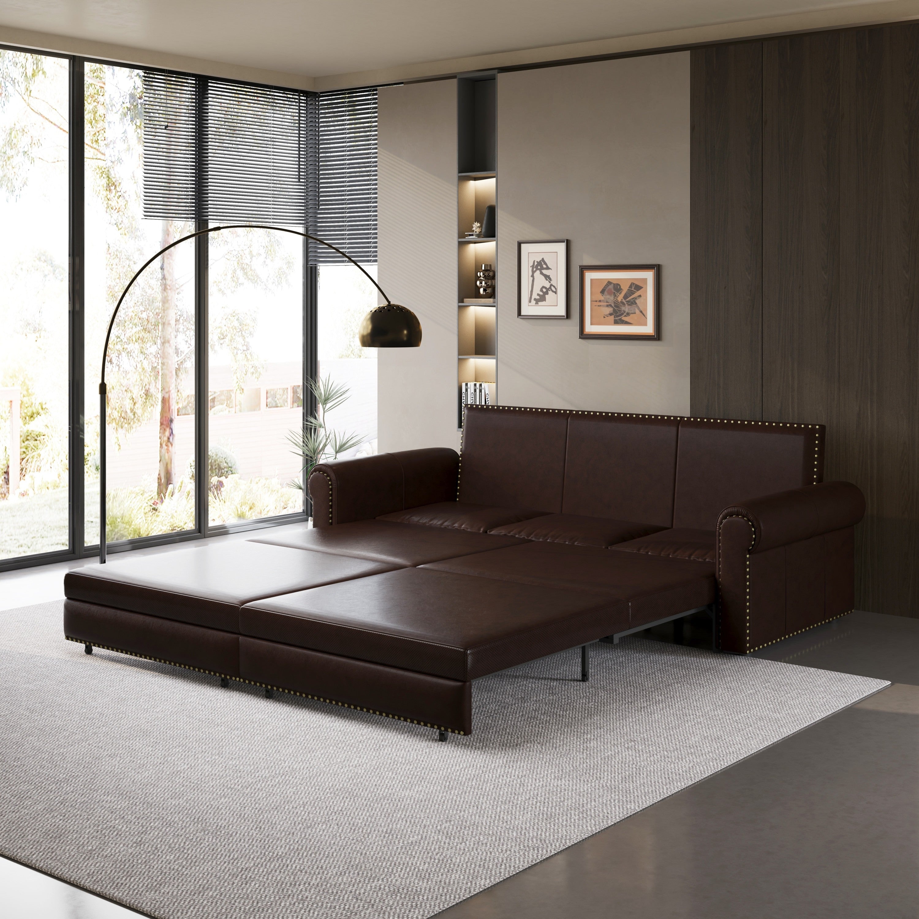 93.7 ' Pull Out Sofa Bed, 3-in-1 Faux Leather Convertible Sleeper Sofa with Nailhead Trim & Rolled Arm,Multi-Functional Sofa Bed for Living Room,Bedroom,Apartment,Office