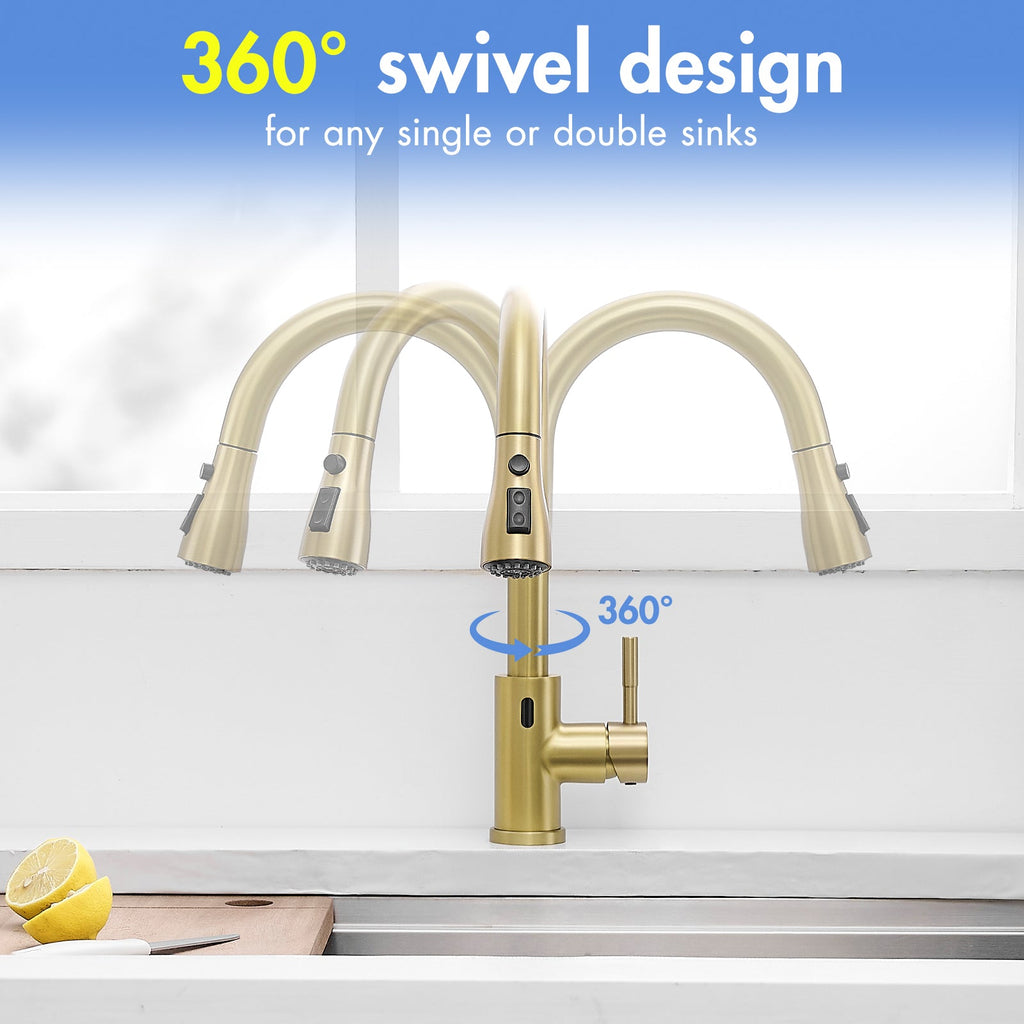 Touchless Kitchen Faucet, Hands Free Automatic Smart Kitchen Faucet, Stainless Steel Touchless Kitchen Faucet Brushed Gold