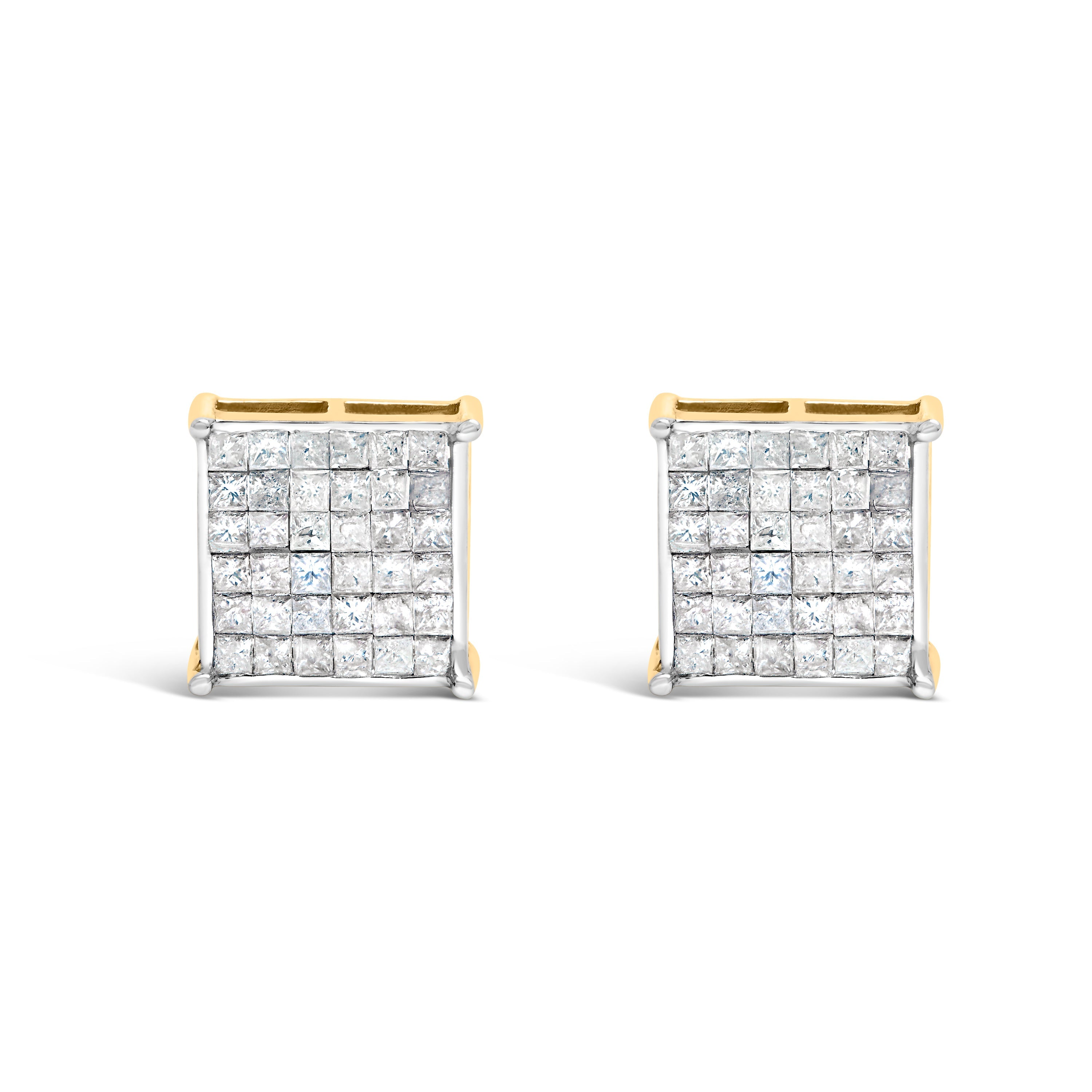 10K Yellow Gold 2.0 Cttw Invisible-Set Princess-Cut Diamond Stud Earrings