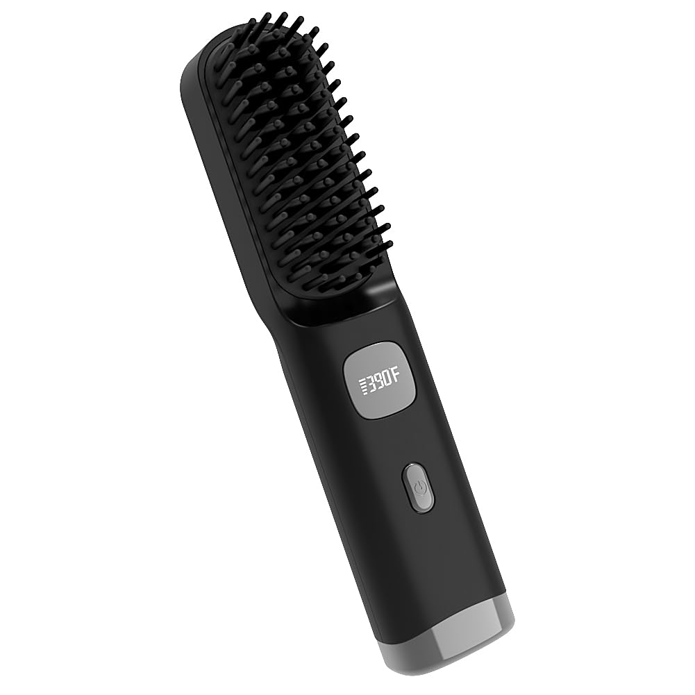 Cordless Hair Straightener Brush Portable on The go Comb for Travel 30s Fast Heating USB Rechargeable Dual Power Supply LCD Display with Pouch (Black)