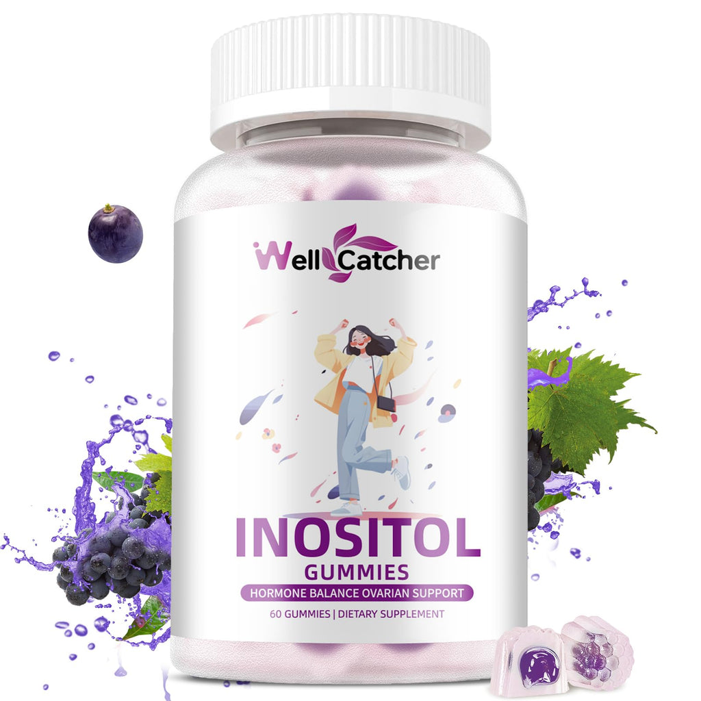 Wellcatcher Inositol Gummies Myo-Inositol & D-Chiro Inositol Ideal 40:1 Ratio Inositol Supplement with Omega-3 Vitamin D3 Supports Healthy Ovulation Cycle Regularity Grape Flavor 30 Day Supply