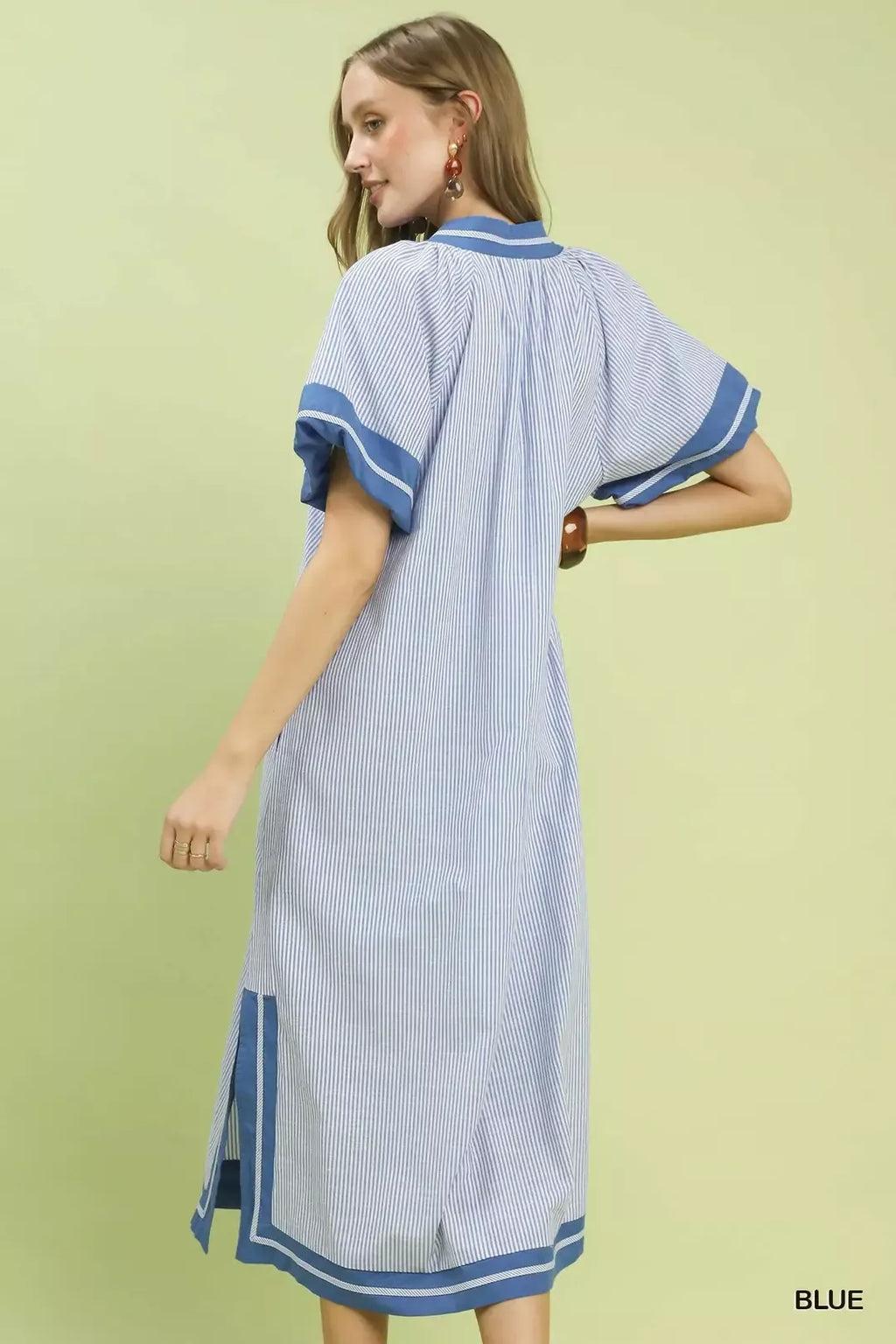Umgee Pinstripe Contrast Trim Midi Dress