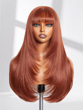 GORGIUS Copper Red Wig with Bangs 24 Inch Long Straight Layered Wig Glueless Curtain Bang Wig with Realistic Lace Scalp Put On & Go Bangs Wig For Beginner