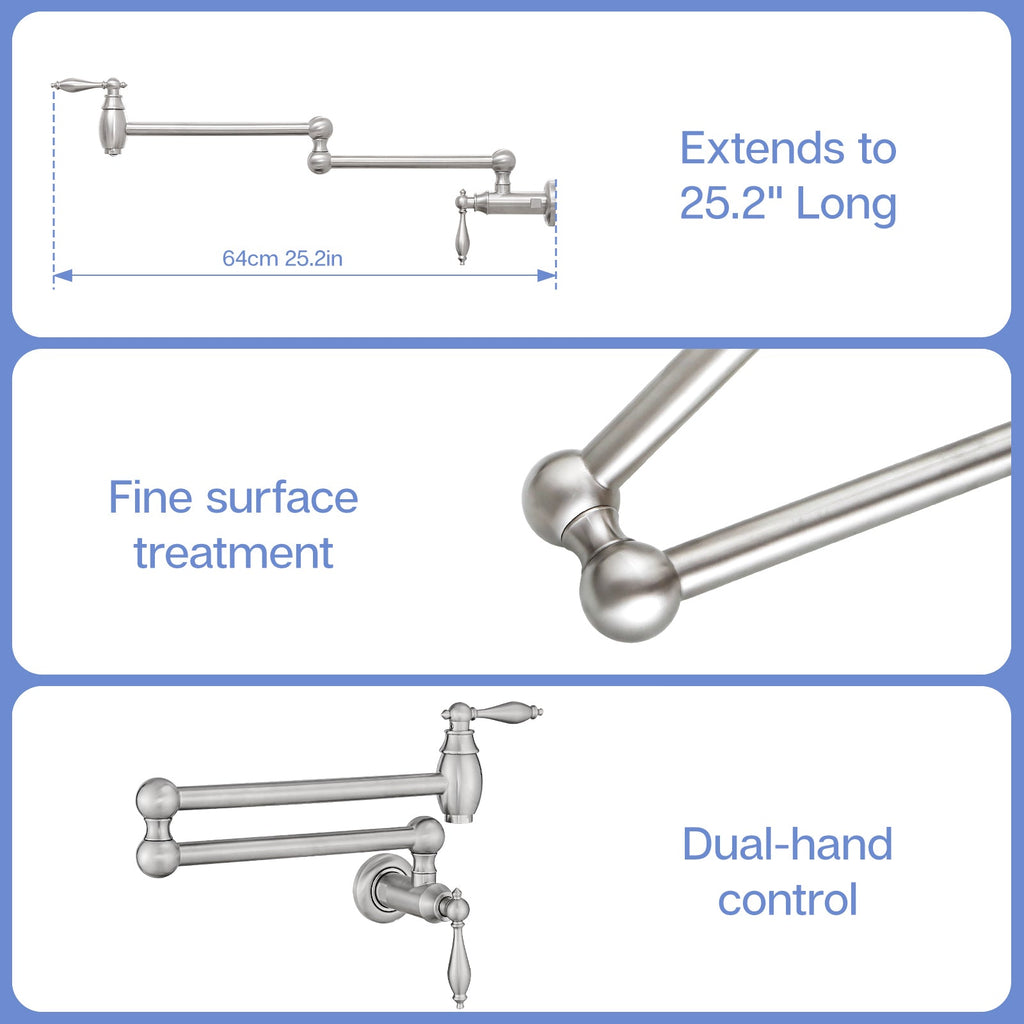 Pot Filler,Wall Mount Commercial Pot Filler Faucet,Brass Material Kitchen Folding Faucet,Coffee Machine Faucet with Stretchable Double Joint Swing Arms,Style A,Brushed Nickel