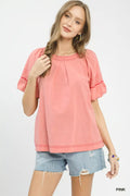 Umgee Round Neck Puff Sleeve Top with Contrast Stitch Detail