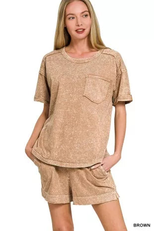 Zenana Halo Snow Washed Exposed Seam Top & Shorts Set