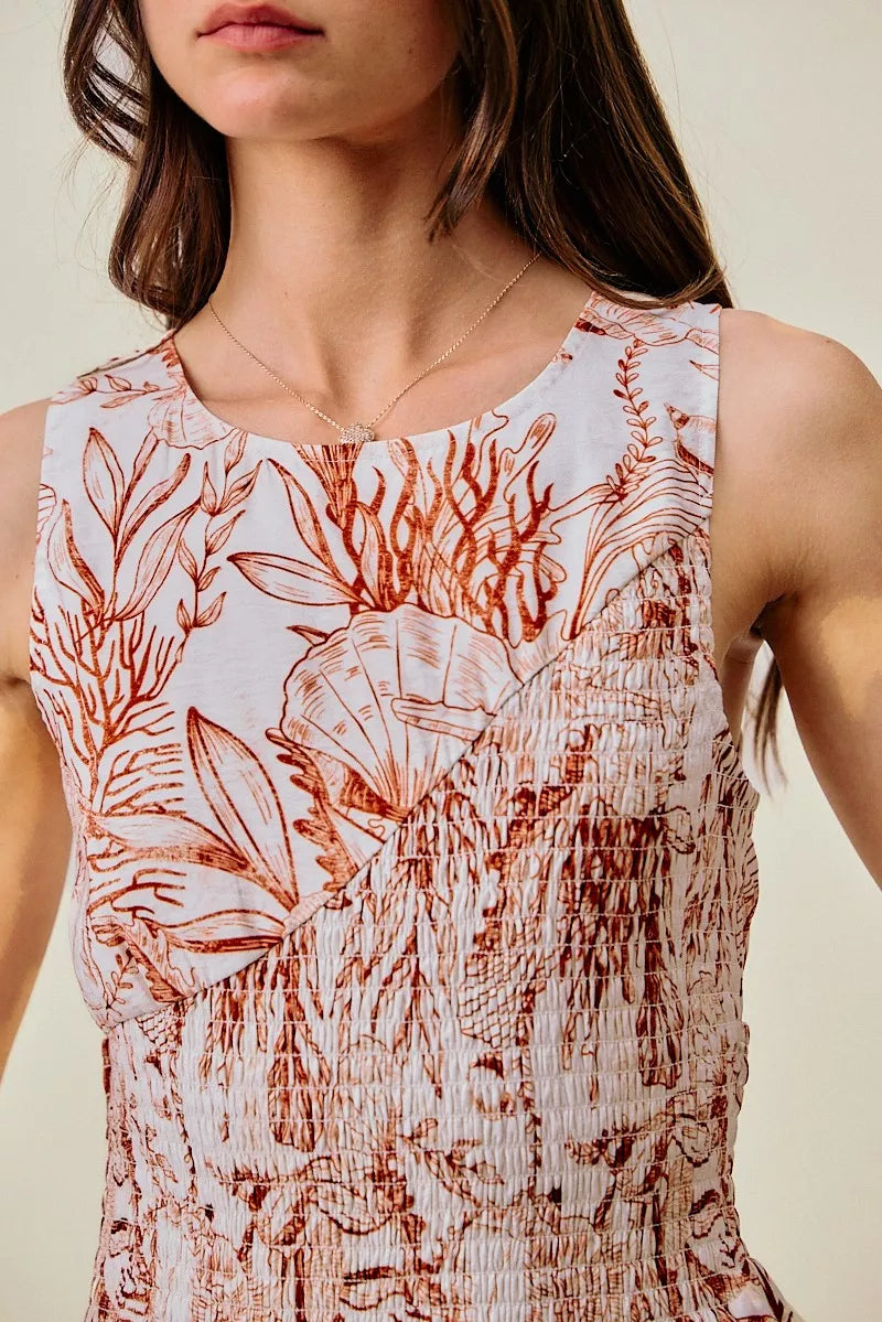 SO ME Shell Print Smocked Fit And Flare Mini Lined Dress