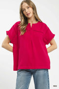 Umgee Textured Gauze Split-Neck Boho Blouse