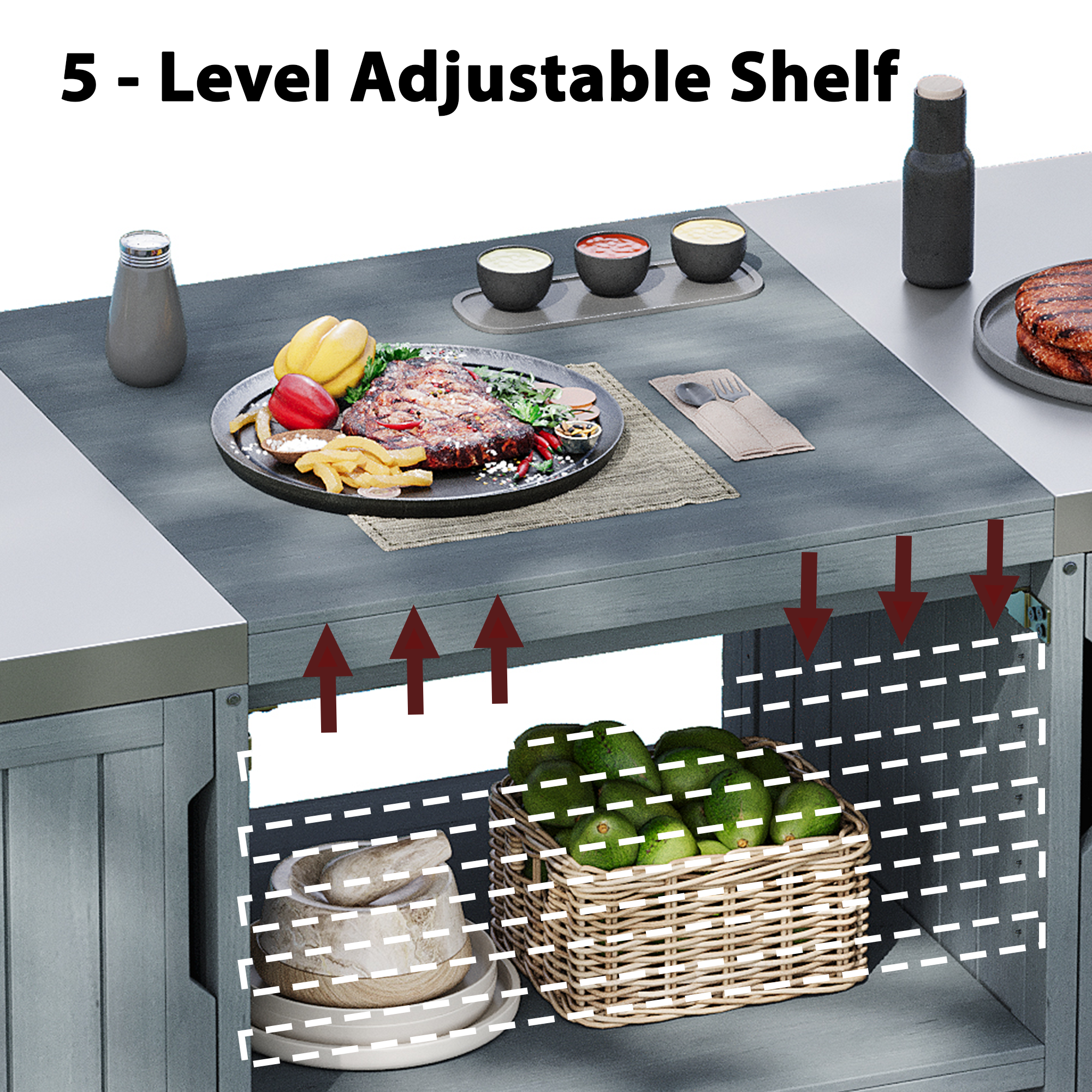 K&K 66.5' Outdoor Kitchen Island for Big Green Egg Grills, Solid Wood Outdoor Grill Cart for Tabletop Grill with Stainless Steel Top, Drawer, Compatible with Large Big Green Egg, Kamado Joe- Grey Blue