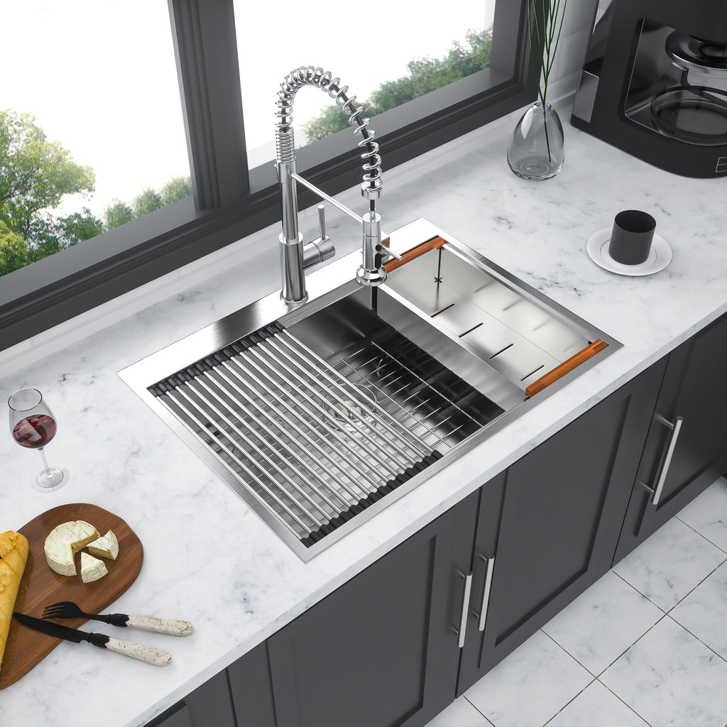 Brushed Nickel Stainless Steel Drop-in Kitchen Sink with Ledge Workstation, 33x22 Inch, 16 Gauge