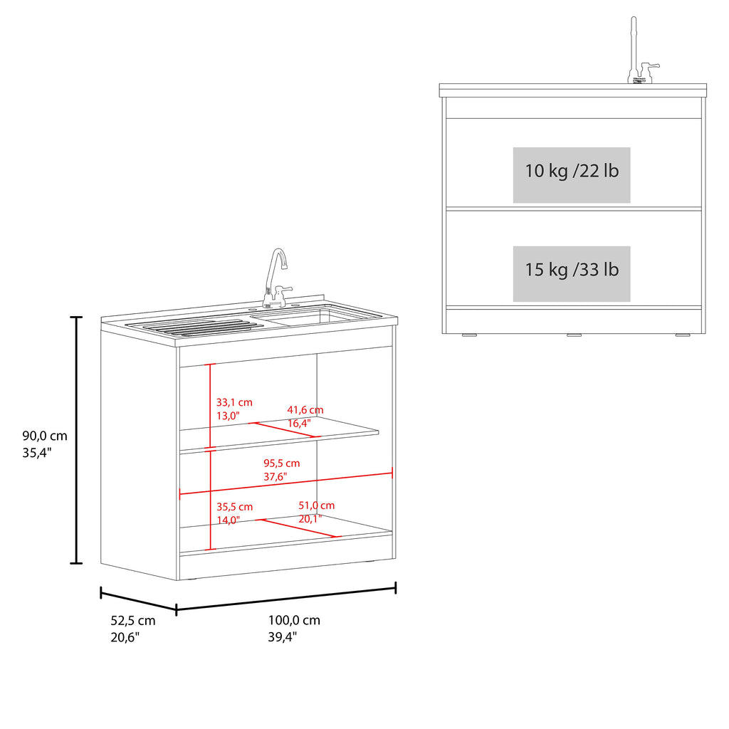 Napoles Utility Sink with Faucet Inclued and Integrated Stainless Steel Counter top, Freestanding cabinet with two doors, Metal Handles and Two interior shelves, Natural+White