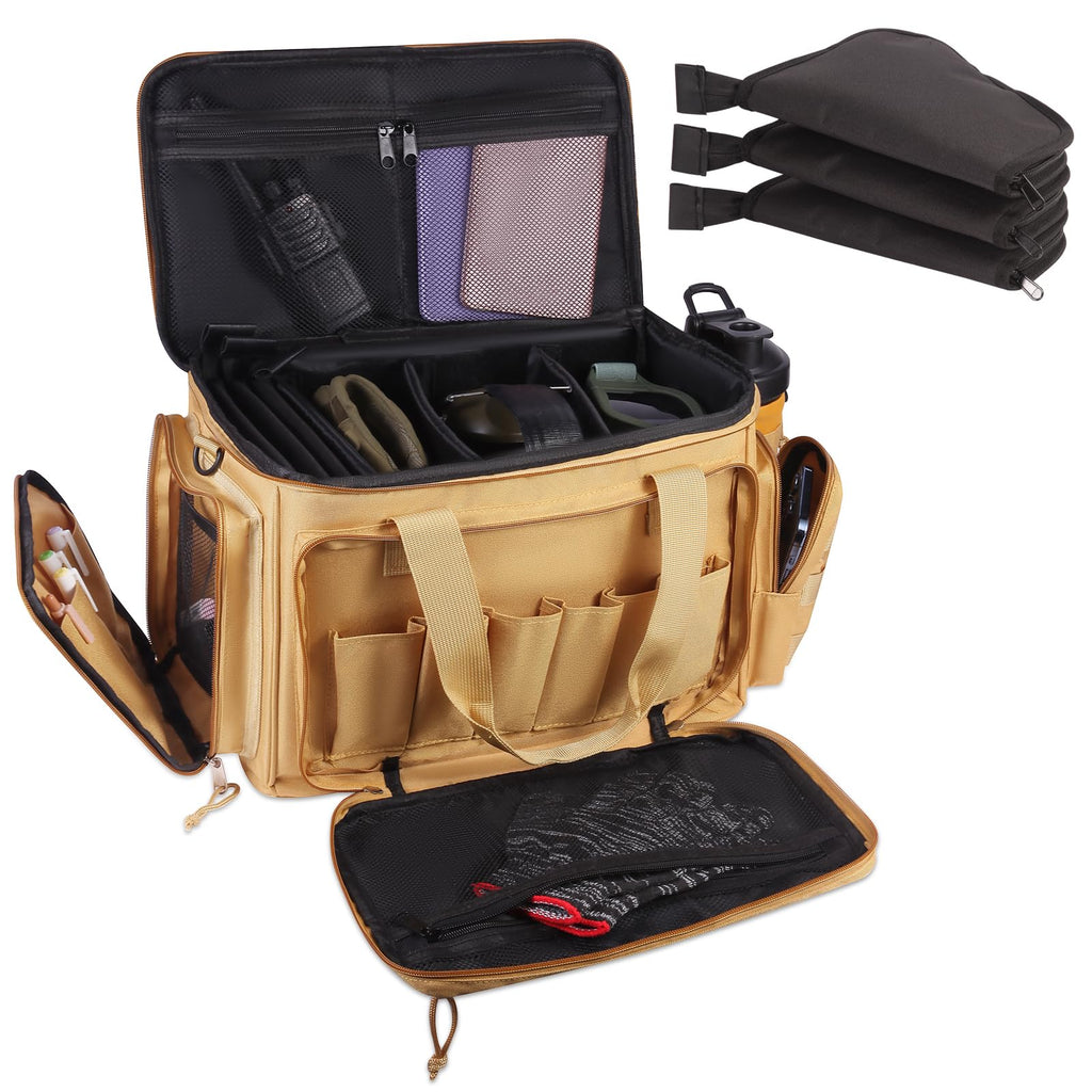 Espmotic Durable Shooting Gun Range Bag with 3 Pistol Cases - 6 Magazine Slots & Removable Strap - Waterproof and Lightweight Khaki