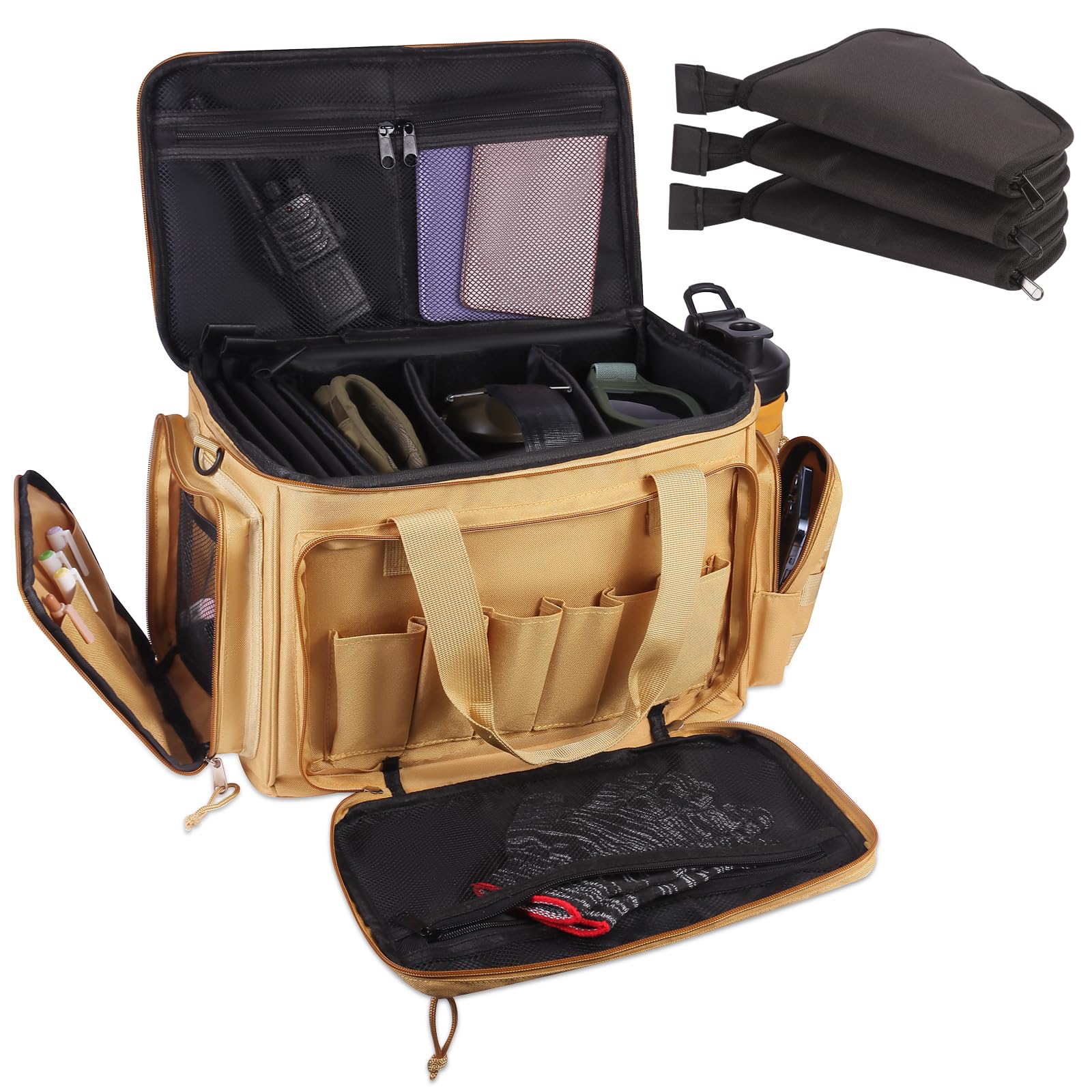 Espmotic Durable Shooting Gun Range Bag with 3 Pistol Cases - 6 Magazine Slots & Removable Strap - Waterproof and Lightweight Khaki
