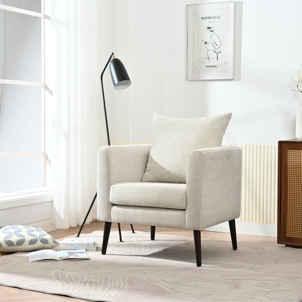 Modern Chenille Accent Chair, Upholstered Armchair for Living Room, Mid Century Fabric Lounge Chair w/Pillow, Comfortable Reading Chair with Wood Legs for Living Room, Bedroom, Reception Room (Beige)