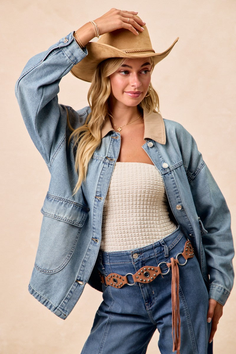 BiBi Washed Denim Jacket with Contrast Collar Detail