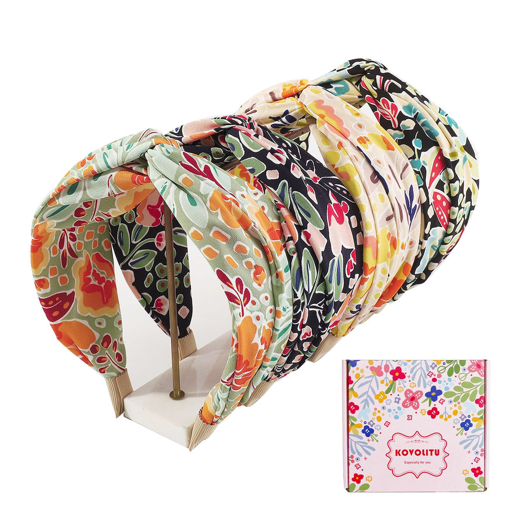 KOVOLITU Floral Printed Knotted Headbands for Women Wide Knotted Headbands 4 Pack Cross Knot Fashion Hair Bands-Classic
