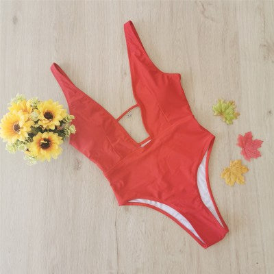 2020 New Women's Deep V Solid Color Bikini Swimsuit