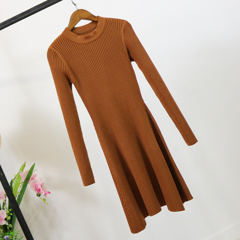 Long Sleeve Solid Color Flared Dress - New Knit Style