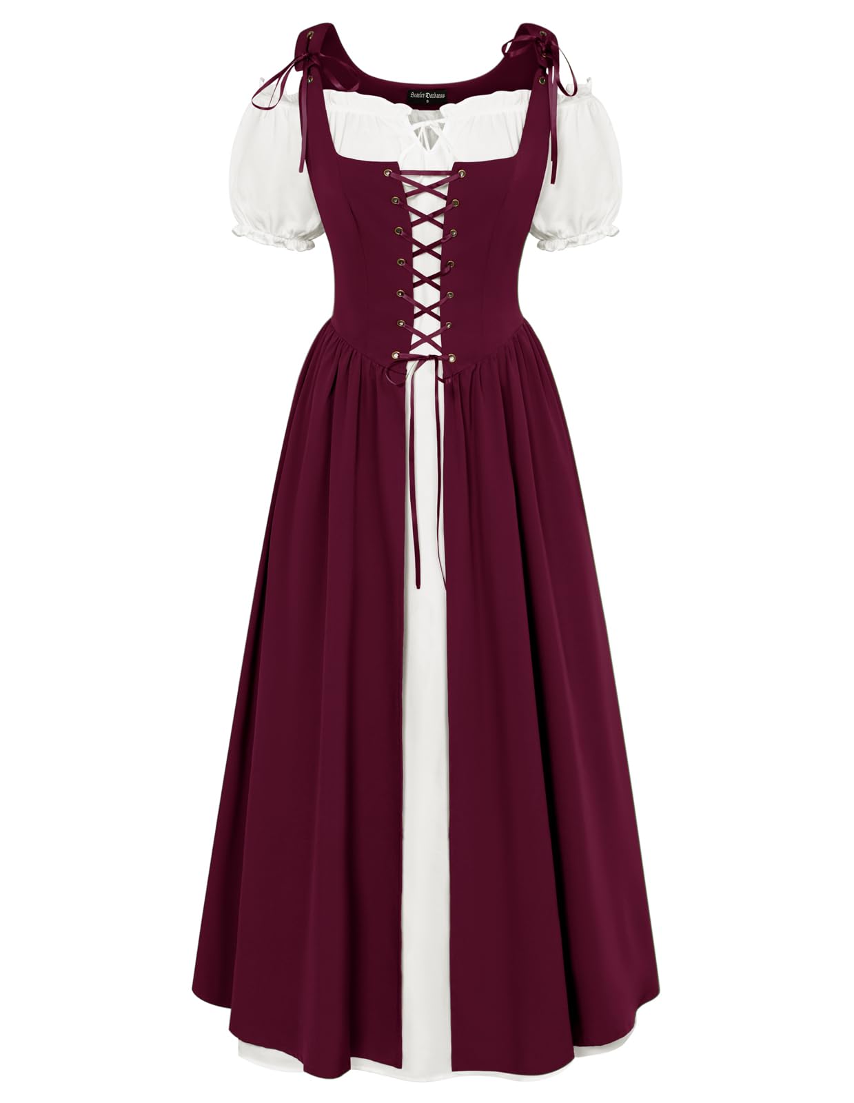 Women Renaissance Dress Short Sleeve Irish Dress Peasant Dress with Pockets Wine XL