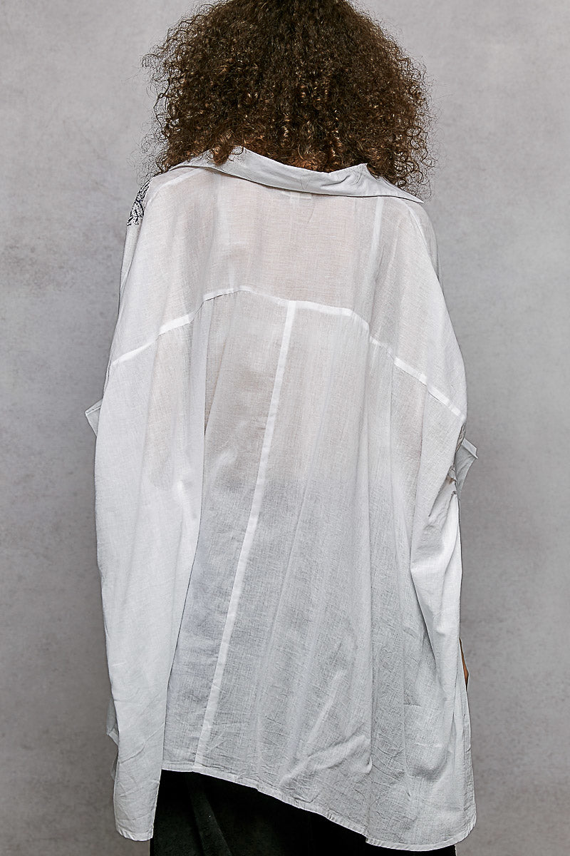 POL Button Down Embroidered Floral High-Low Hem Shirt