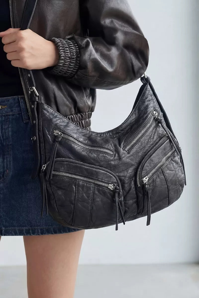 Fame Multi Zipper Pocket Leather Hobo Bag