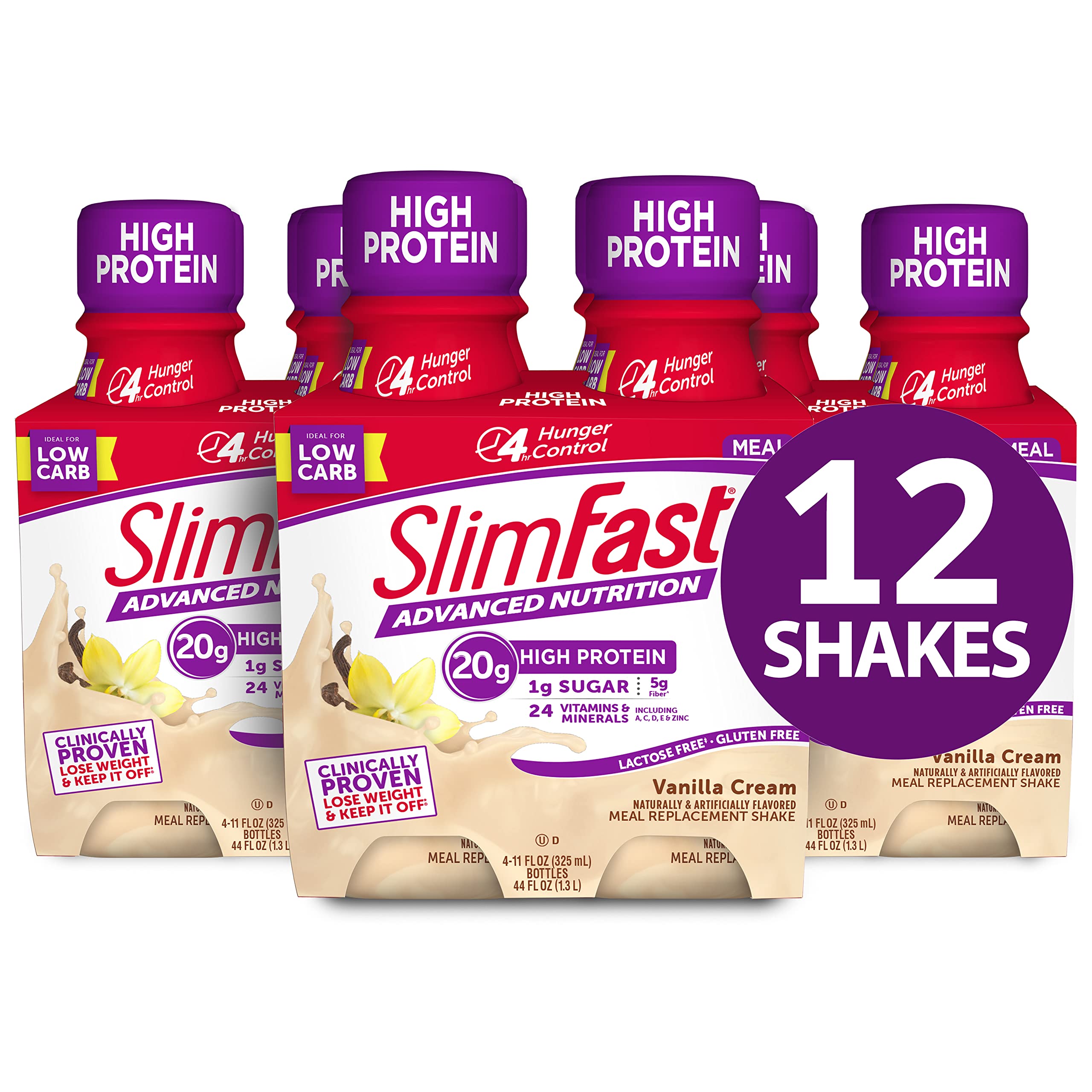 SlimFast Advanced Nutrition Shake – Ready To Drink Meal Replacement – 20g of Protein – 11 Fl. Oz. Bottle – 12 Count - Pantry Friendly Vanilla Cream 4 Count (Pack of 3) 132 Fl Oz (Pack of 12)