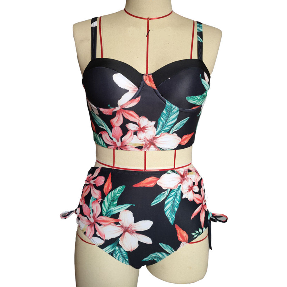 New High-Waisted Tie Bikini with Leaf Print for Women