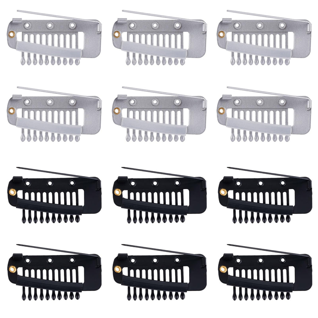 12pcs Wig Clip with Safety Pins 10-Teeth Hair Extension Snap Invisible Wig Combs to Secure Wig No Sew Chunni Grip Dupatta Clips for Girls Women Wig Headscarf Hijab & Tikka (Black Silver)