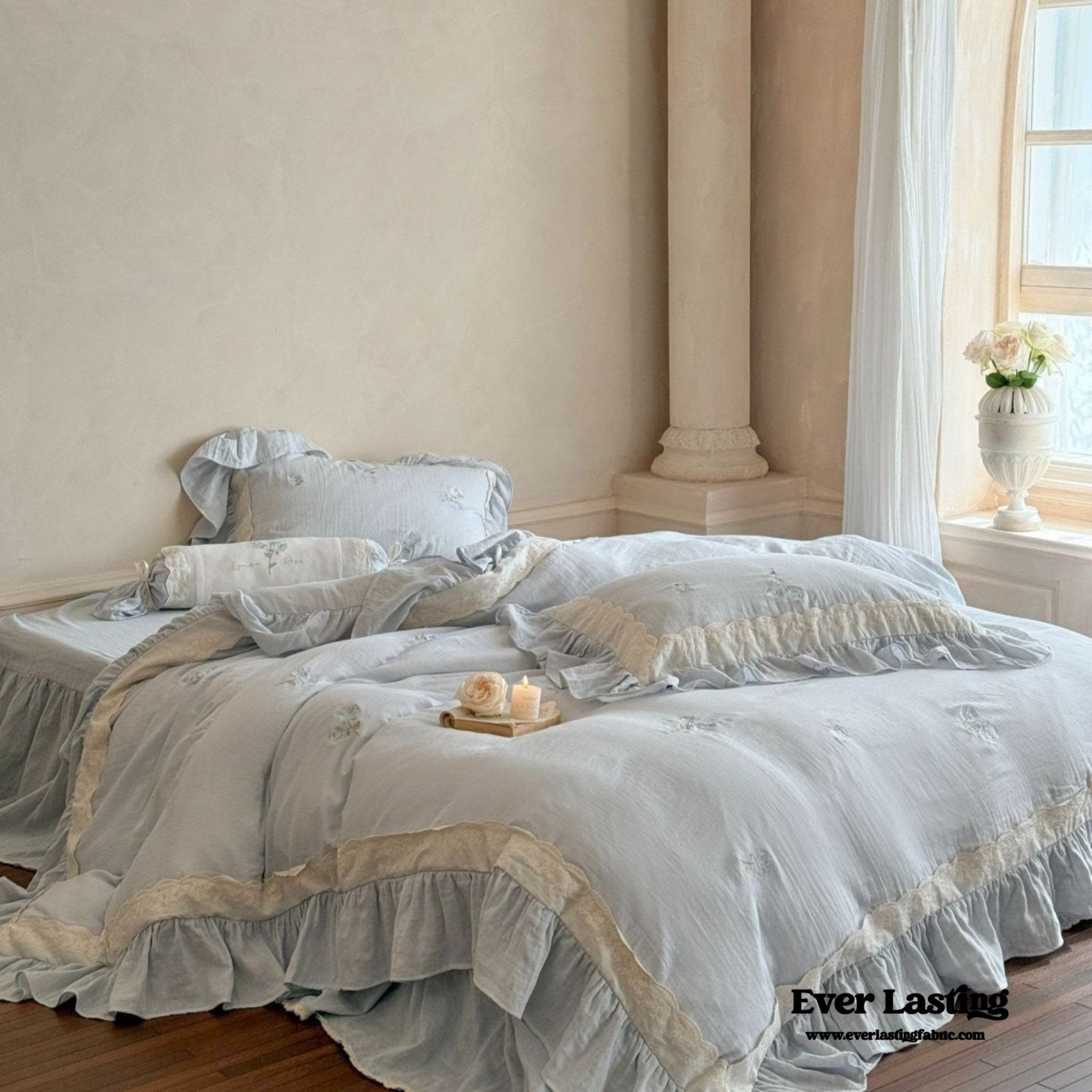 Beatrice Rose Lace Ruffle Bedding Set / Blue