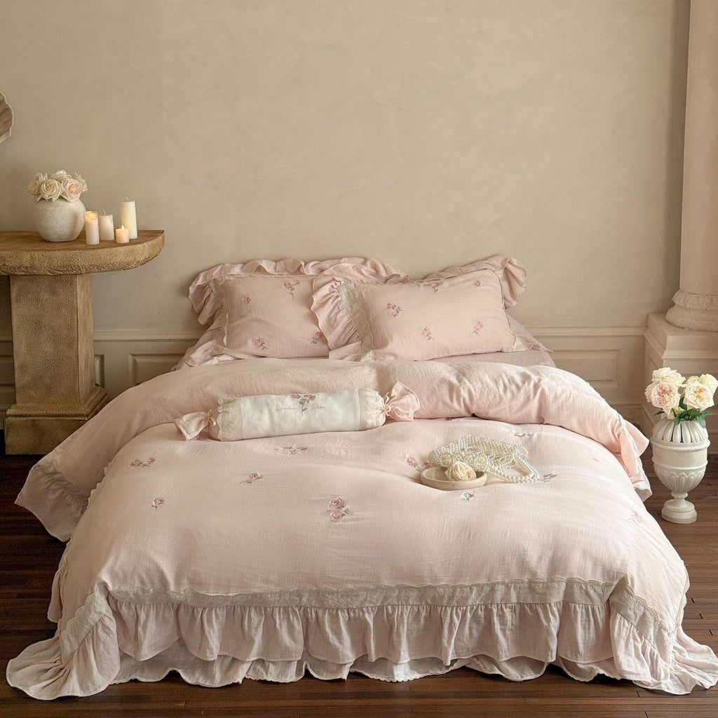 Beatrice Rose Lace Ruffle Bedding Set / Pink