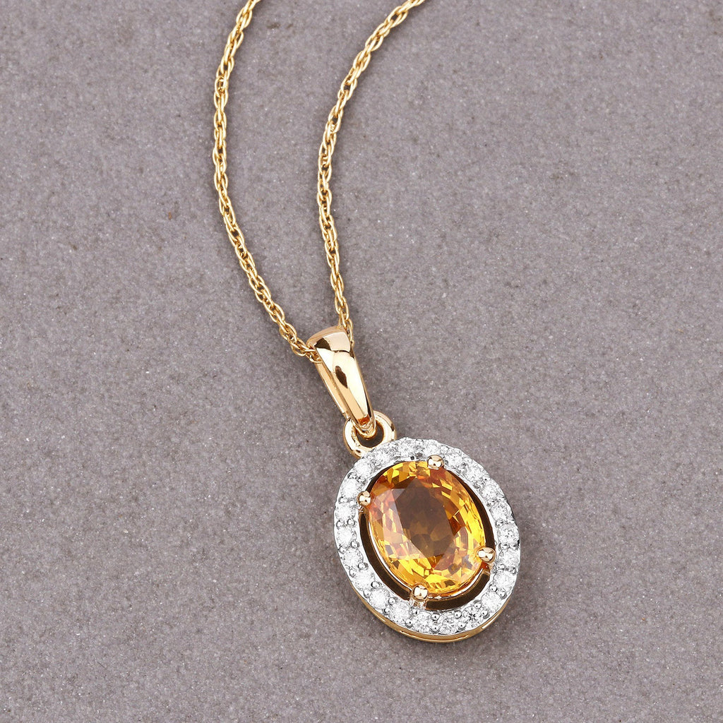 1.78 Carat Genuine Yellow Sapphire and White Diamond 14K Yellow Gold Pendant