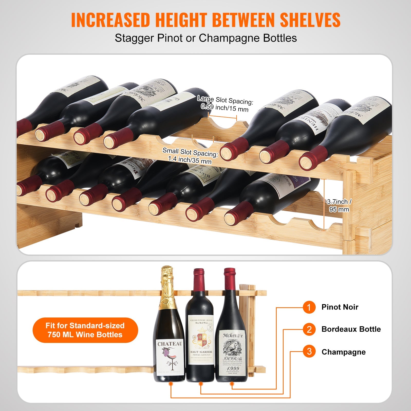 18 Bottle Stackable Modular Wine Rack Bamboo Wood Display Shelf 2-Tier