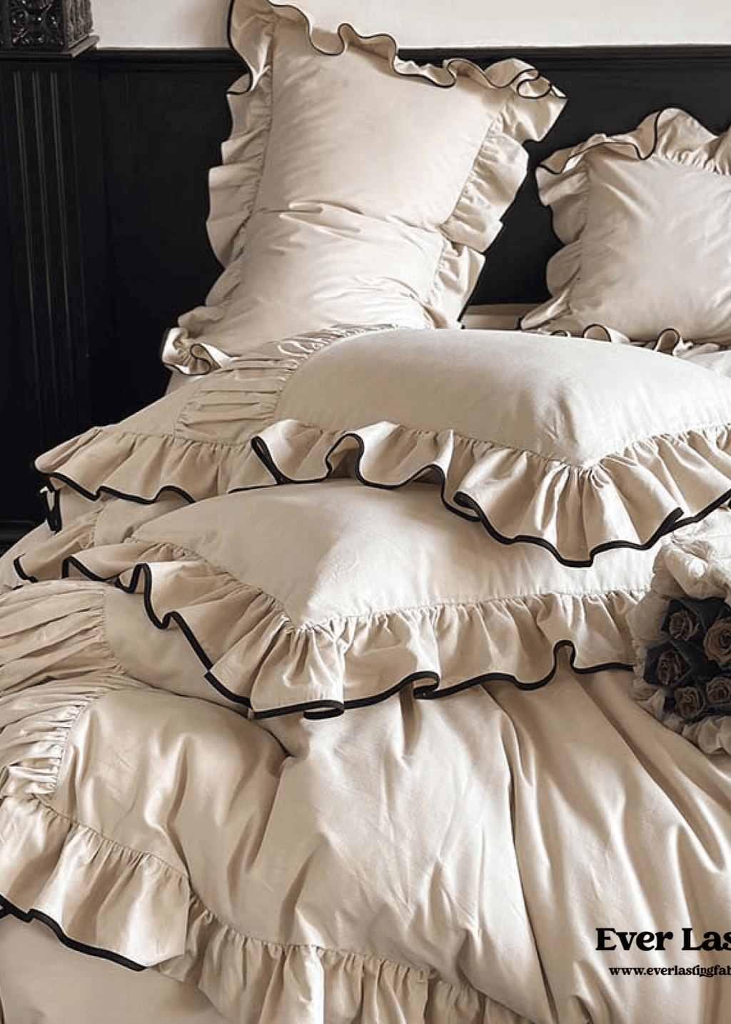 Beige Black Trim Ruffle Bedding Set