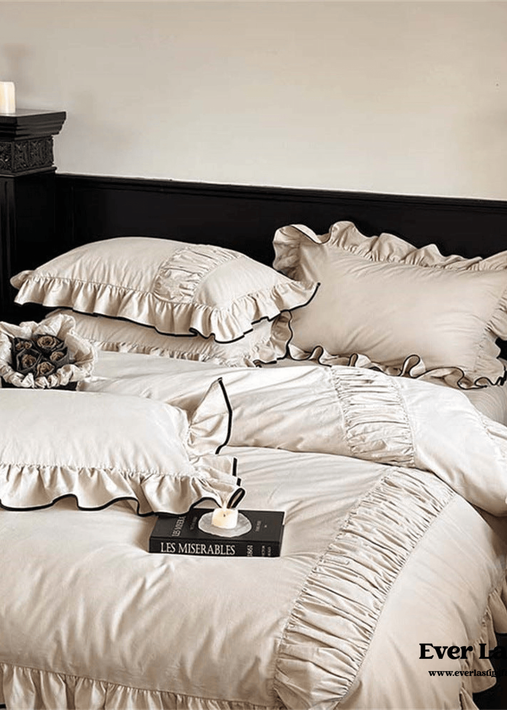 Beige Black Trim Ruffle Bedding Set