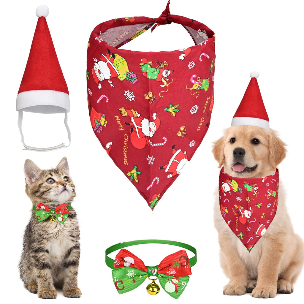 3 Piece Dog Santa Hat with Scarf Christmas Pet Costume Set Puppy Triangle Scarf Pet Bow Tie with Bell Dog Socks Cat Socks Set Suitable for Cats Dogs and Puppies Small A