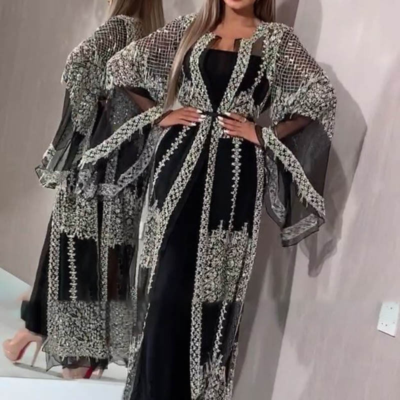 2020 New Fashion Gold Foil Evening Gown with Shawl