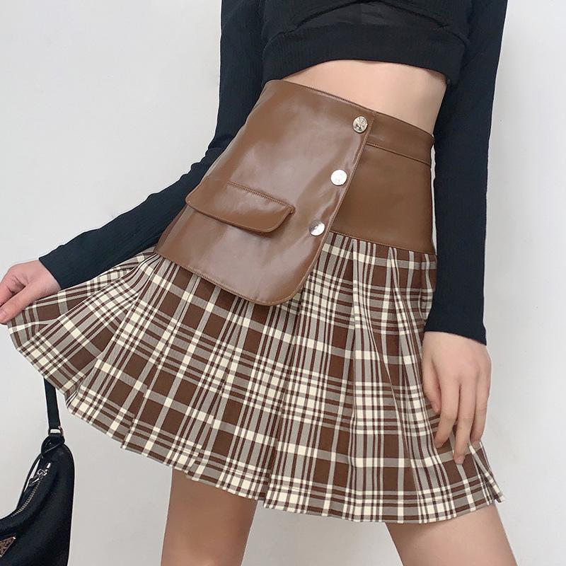 PU Leather Stitching All-Match Short Skirt for Women