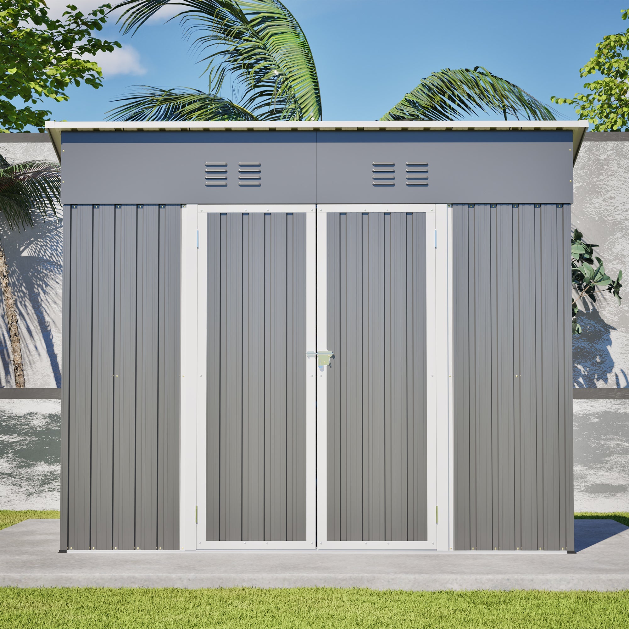 4x8 Slope-Roof Reinforced Storage Shed with Weatherproof Sloping Roof & 4 Air Vents, Heavy-Duty Sturdy Metal Frame, Left/Right Optional Door, Outdoor Tool Shed Warehouse for Garden Storage Pet House