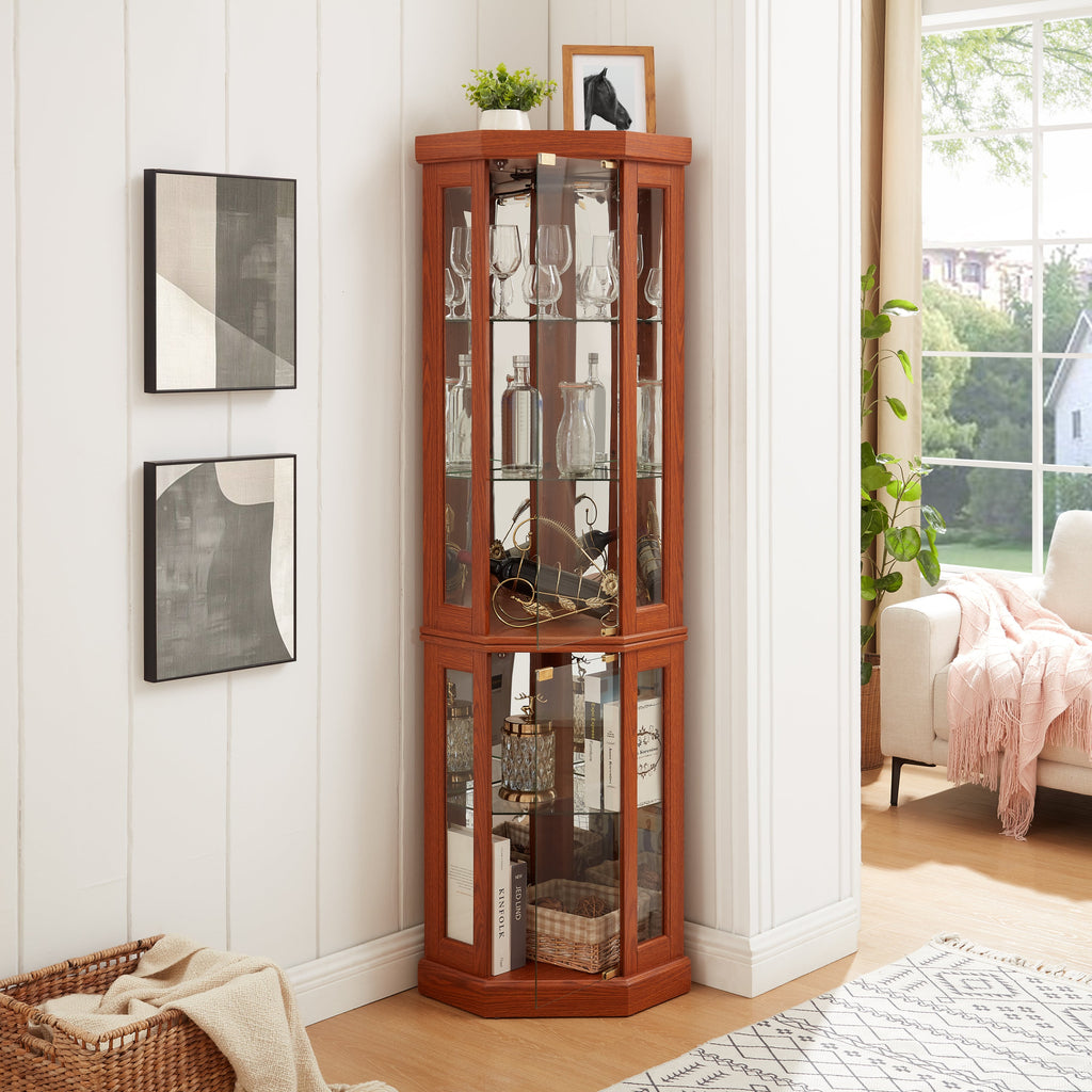 Corner Glass Cabinet Lighted Curio Cabinet Corner Display Case for Living Room, Curio Cabinet, Antique collection, Wine,Bar Glass Storage Light Included, Dark oak