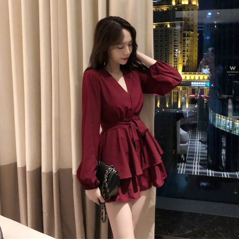New Women's Loose High-Waist Cross V-Neck Dress