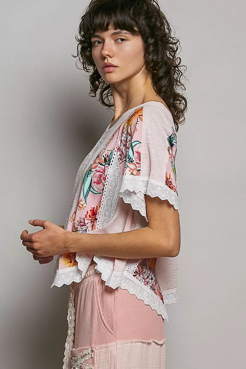 POL Round Neck Ribbed Cropped Top with Lace Detail