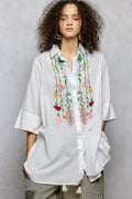 POL Floral Embroidered Half Sleeve Cotton Shirt