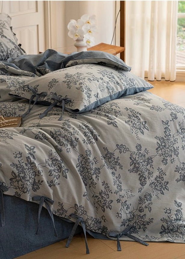 Bonnie Ribbon Bow Tie Floral Bedding Set / Dark Gray
