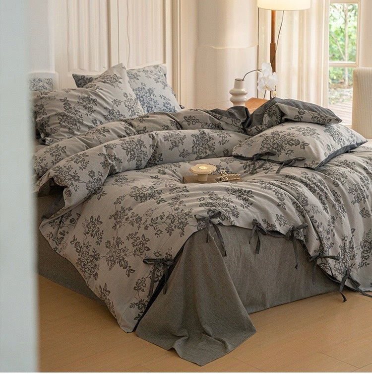Bonnie Ribbon Bow Tie Floral Bedding Set / Dark Gray